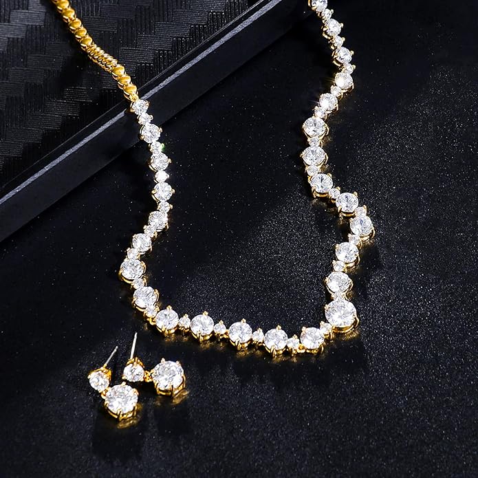 Wedding Jewelry Set For Women Bridal Brides Bridesmaid Classic Cubic Zirconia Necklace And Earrings For Prom Party