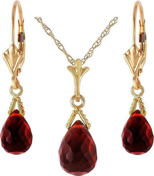 Galaxy Gold GG 14k Solid Gold Jewelry Set: Natural Briolette Garnet Pendant Necklace and Dangle Earrings