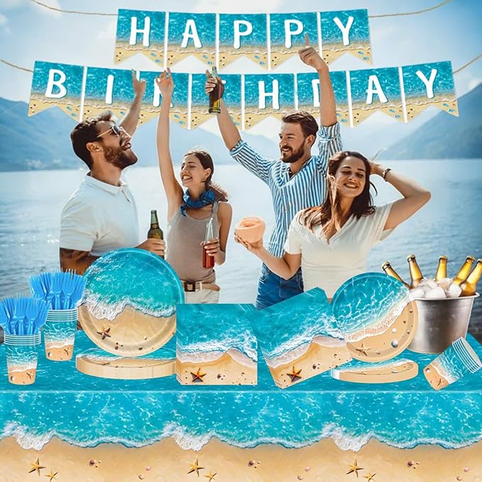 Beach Party Decorations, Ocean Themed Party Decorations Include Plates Napkins, Cake Topper, Cups Banner Tablecloth for Hawaiian Pool Summer Birthday Party Supplies, Serve 20