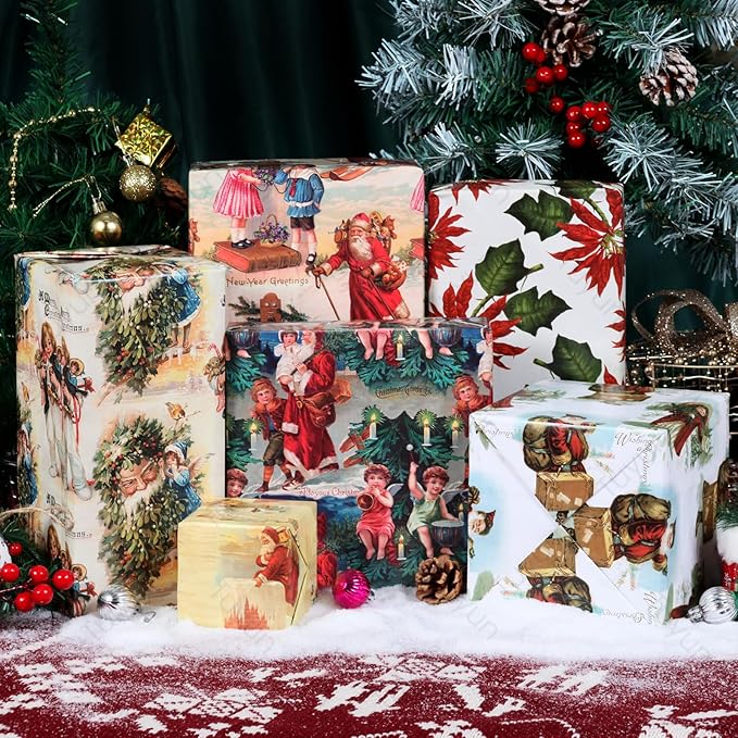 Vnaaem Vintage Christmas Wrapping Paper for Women Girls Boys Men - Retro Xmas Wrapping Paper for Winter Christmas Birthday Holiday - 20 X 28 Inches (6 Folded Sheet)