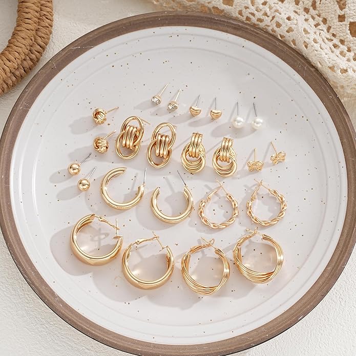 12 Pairs Chunky Gold Hoop Earrings for Women Trendy, Gold Plated Lightweight Hypoallergenic Stack, Thick Open Twisted Huggie Hoops Earring Set