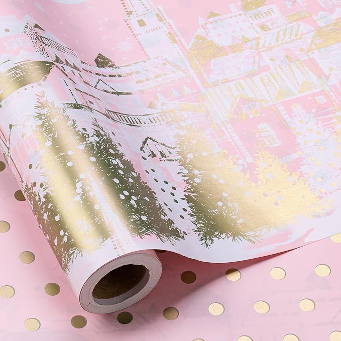 RUSPEPA Reversible Christmas Wrapping Paper Roll, Mini Roll, Pink Gold Winter Landscape with Snowflake Pattern, Gold Polka Dot Design Gift Wrap for Girls, Friends, Holiday Gifts, 17 Inches x 32.8 Feet