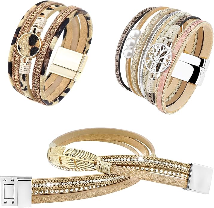 Wowanoo 3Pack Leather Cuff Bracelet Set Multilayer Wrap Bracelet Crystal Feather Tree Bracelet Magnetic Clasp Bracelet for Women