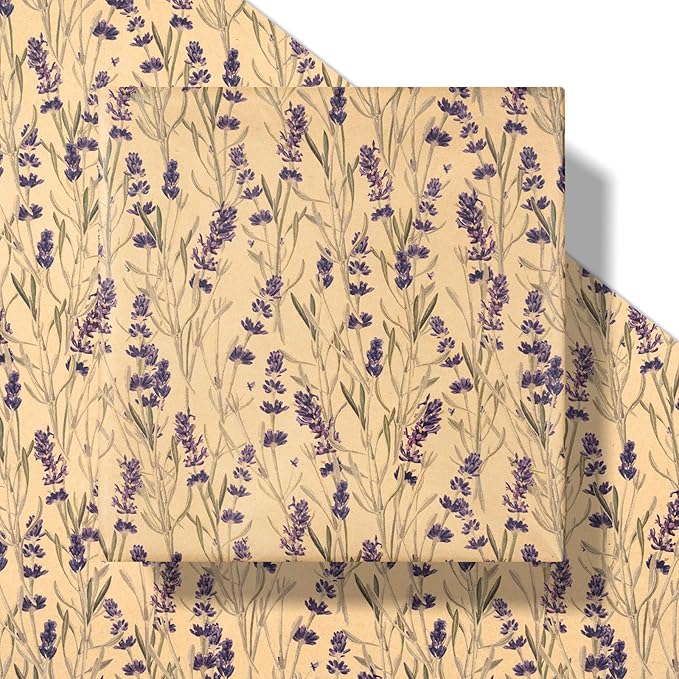 RUSPEPA Lavender Wrapping Paper Roll for Women, Delicate Floral Kraft Gift Wrap, Purple Lavender Design Perfect for Spring, Wedding, Mother's Day, Bridal Shower and Birthday, 17 Inches x 32,8 Feet