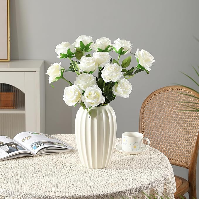 Tifuly 50pcs Roses Artificial Flowers Bulk,Realistic Long Stem Fake Silk Roses for Wedding Centerpiece Table Vases Party Home Kitchen DIY Bouquets Decor（Off White）