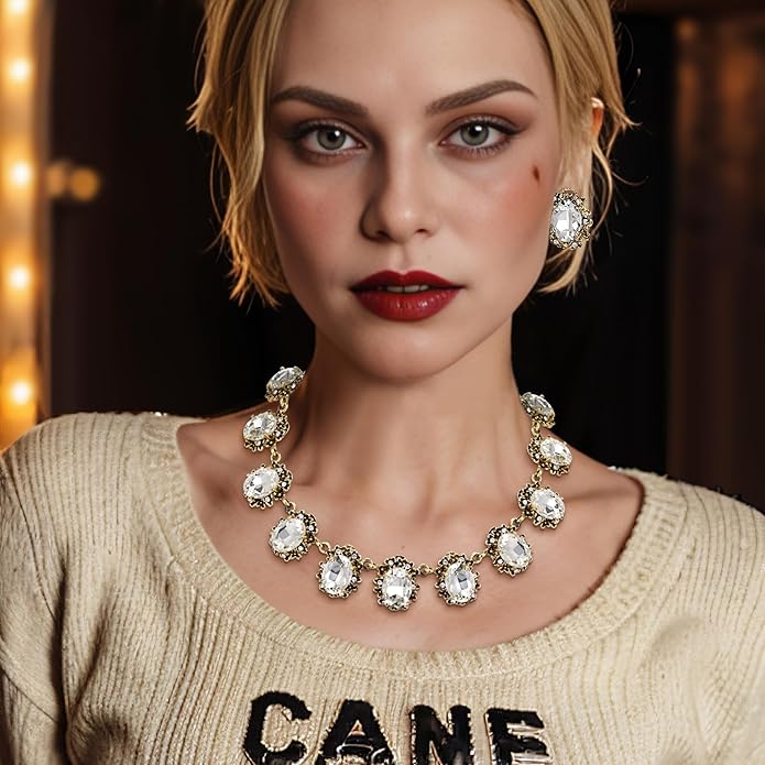 BriLove Victorian Style Statement Necklace Pierced Earrings Jewelry Set for Women Crystal Floral Cameo Inspired Oval Jewellery for Party Prom