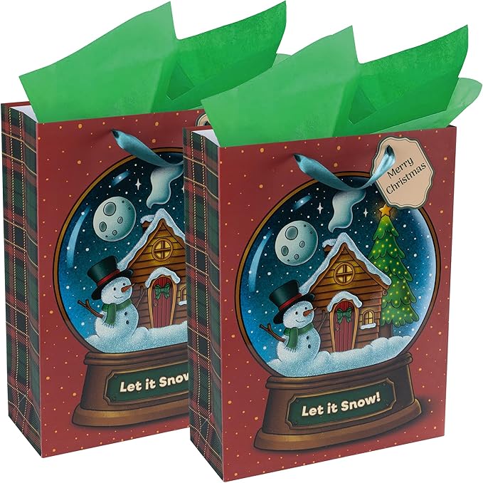 RACHELLE'S Snow Globe Christmas Gift Bags – Large 16"x12"x5" (2-Pack) – Sturdy Paper Gift Bags with Tissue Paper, Tag and Handle – Let It Snow – Perfect for Christmas Holiday Gifting & Party Favors