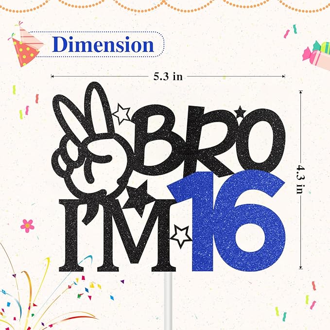 Bro I'm 16 Cake Topper, 16th Birthday Decorations for Boy, Glitter Funny 16th Birthday Cake Topper, Big Brother 16 Year Old Birthday Party Decoration Supplies