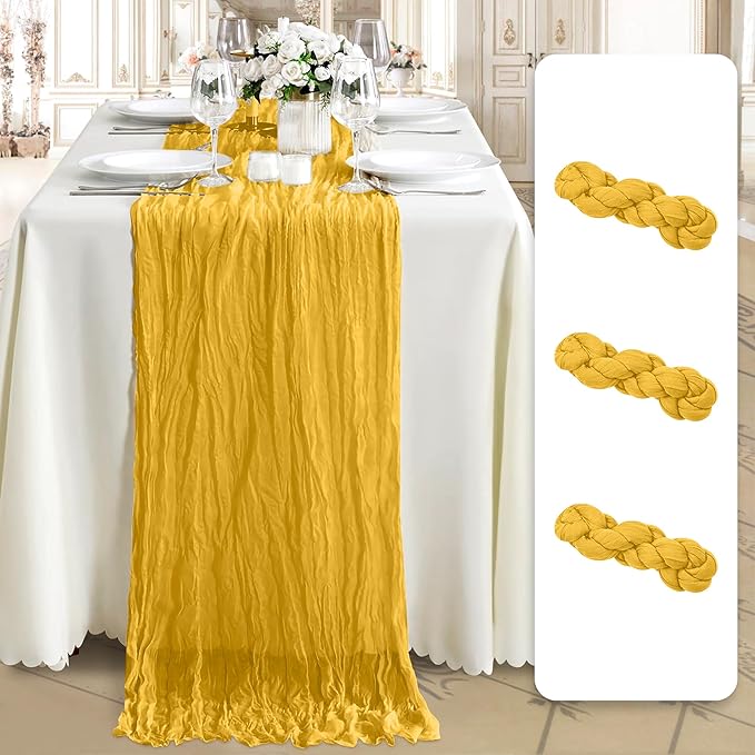Cheesecloth Table Runner 3 Pack – 35x120 Inch (10ft) Boho Rustic Gauze Cloth Runners – Crinkle Polyester Table Decor for Wedding, Baby Shower, Bridal Shower, Birthday Party and More (Gold Yellow)