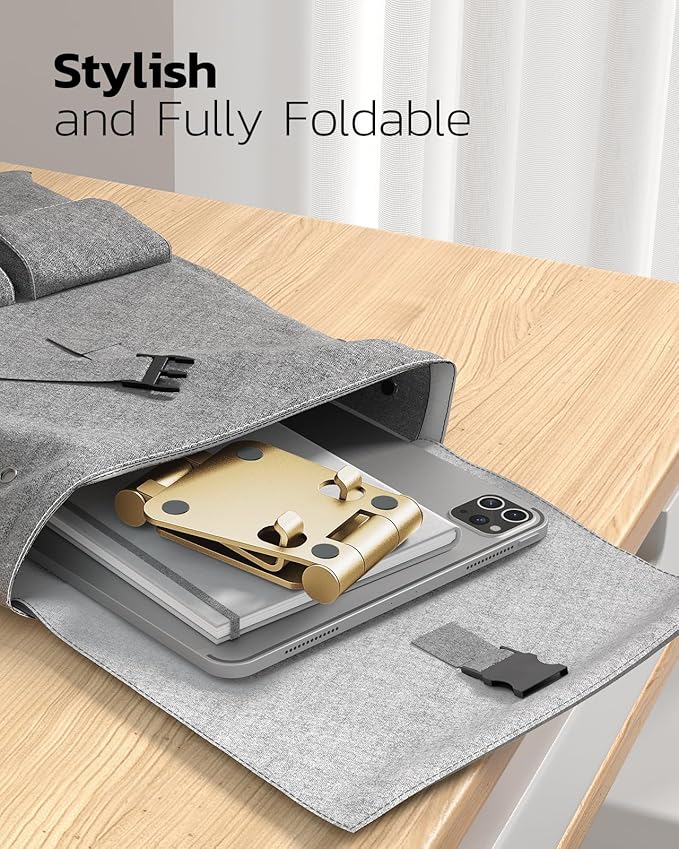 Nulaxy Dual Folding Cell Phone Stand, Fully Adjustable Foldable Desktop Phone Holder Cradle Dock Compatible with iPhone 17 16 15 14 13 12 11 Pro Xs Xs Max Xr X 8, Nintendo Switch, All Phones - Gold