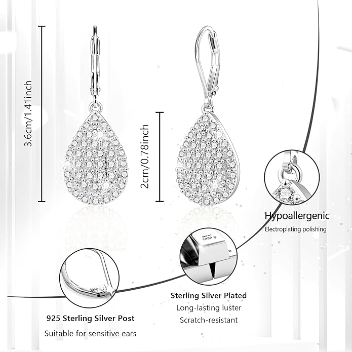 ALEXCRAFT 925 Sterling Silver Dangle Earrings, 14K Gold Plated Heart Waterdrop Earring for Women Trendy Hypoallergenic Leverback Earings Wedding Cubic Zirconia Dangle Earrings Jewelry for Women
