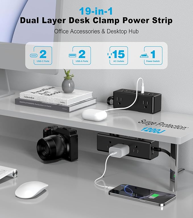 Dual Layer Desk Clamp Power Strip, Desktop Edge Mount Surge Protector with 4 USB Ports(2 USB-C) & 15 AC Outlets, Ultra Thin Flat Plug & 5FT Power Cord for Office Home(ETL Listed)