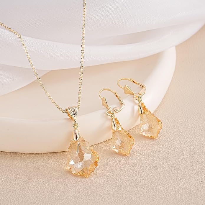 EVEVIC Austrian Crystals Baroque Pendant Necklace Earrings for Women 14K Gold Plated Hypoallergenic Leverback Drop Dangle Earrings Jewelry Set