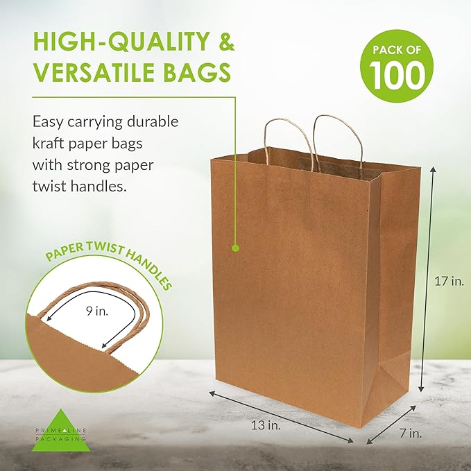 Prime Line Packaging Brown Paper Bags, Kraft Paper Bags with Handles for Shopping, Merchandise, Retail, Small Business, Bulk, 13x7x17, 50 Pack