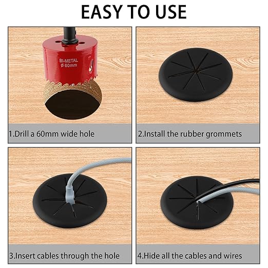 2-3/8IN(60mm) Desk Grommet, 13 Pieces Wire Grommet, Desk Hole Cover for Cables with Hole Saw,Plastic Cable Cord Wire Hole Cover for Desk, Table,Cabinet,Countertop and Other Furniture(Black)