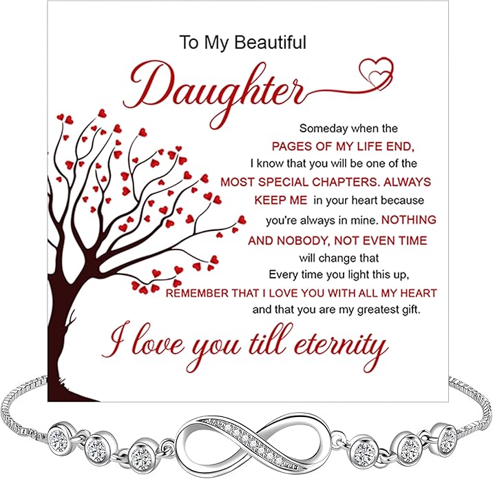 Daughter Infinity Heart Bracelet, Daughter Jewelry Gift From Mom or Dad with Message Card and Box Meaning