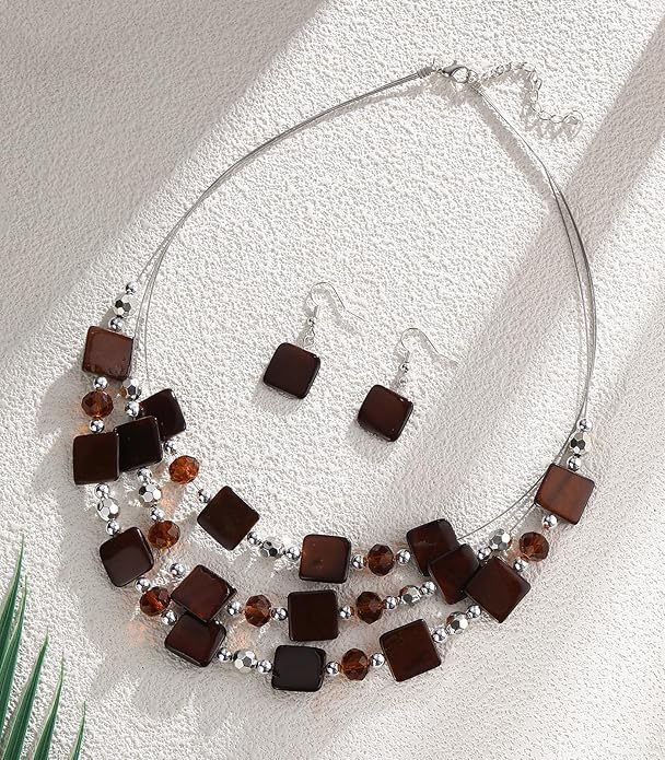 Layered Beaded Statement Necklaces for Women Square Shell Bead Collar Necklace and Earring Set Birthday Gifts Boho Jewelry Sets for Women