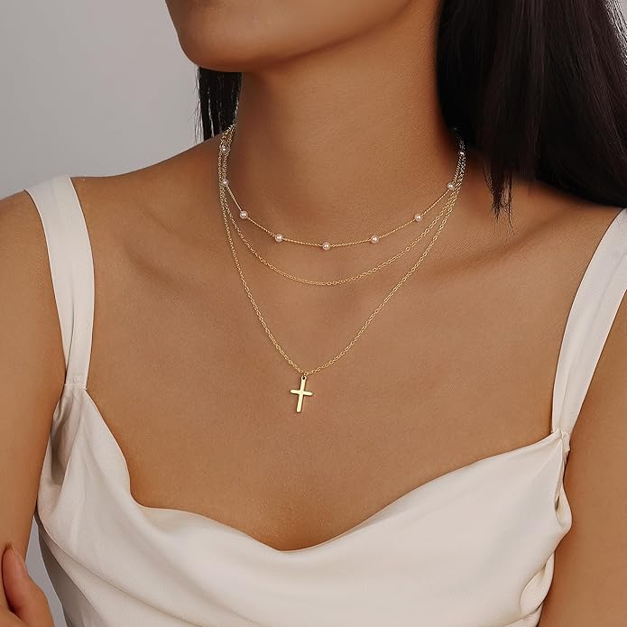 Evabelle Gold Layered Necklace for Women Trendy Jewelry 14K Real Gold Plated Chunky Chain Stackable Necklaces Dainty Choker Necklaces Rectangle Square Pendant