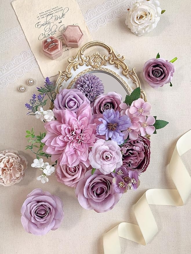 Roses Artificial Flowers Purple Fake Flower Bulk for DIY Wedding Bouquet Bridal Baby Shower Centerpiece Table Decorations Silk Faux Floral Arrangements for Party Home Decor Cake Decorating
