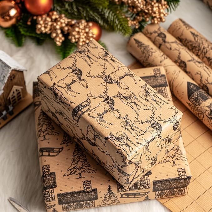 RUSPEPA Kraft Wrapping Paper Rolls - 17 inches x 10 feet per Roll, Total of 4 Rolls, Black Sketch Design