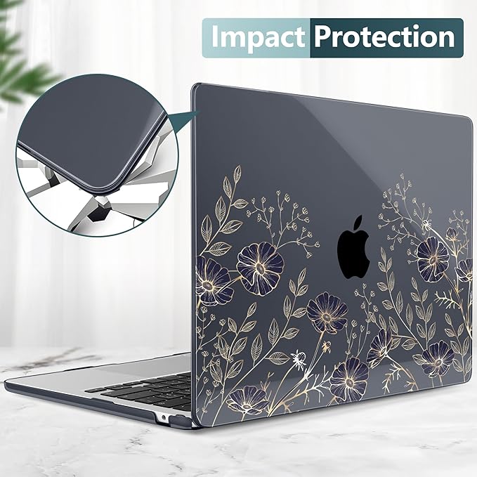 TWOLSKOO Compatible with M4 MacBook Air 13.6 inch Case 2025-2022 Release M4 A3240 M3 A3113 M2 A2681, Plastic Hard Shell & Keyboard Cover & Type C Adapter & Screen Protector, Golden Flowers
