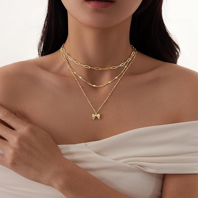 Layered Gold Necklaces for Women, Stackable Dainty 14K Gold Silver Plated Trendy Simple Heart Diamond Cross Bow Circle Pendant Paperclip Choker Dot Chain Necklace,Jewelry Set Gifts for Women