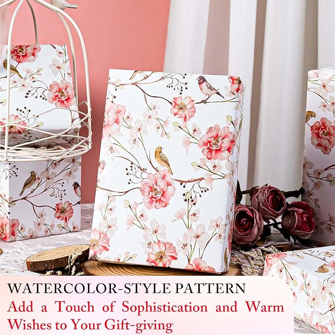 MAYPLUSS Gift Wrapping Paper Roll - Romantic Watercolor Pink Flower and Birds Design Gift Wrap Paper for Wedding, Bridal Shower, Mother’s Day, Valentine's Day, Birthday, Anniversay (17 Inch X 33Feet)