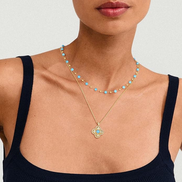 Created Turquoise Necklace for Women 14K Gold Plated Beaded Heart Choker Boho Necklaces Handmade Beach Summer Everyday Western Jewelry Gifts