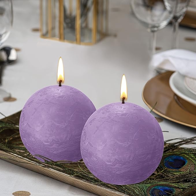 BOLSIUS 3 Pack Vibrant Violet (Purple) Rustic Ball Pillar Candles - 3 Inch - Premium European Quality - Includes Natural Plant-Based Wax - Unscented Dripless Smokeless 25 Hour Party Décor Candles