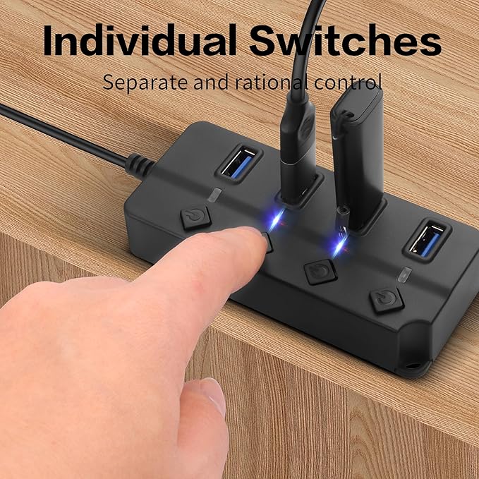 90 Degree USB Hub Splitter YACSEJAO USB 2.0 Data Hub with Individual LED Button On/Off Switch DC5.5 * 2.1 Power Port for Laptop,PC Computer (4 Ports, 0.3M)