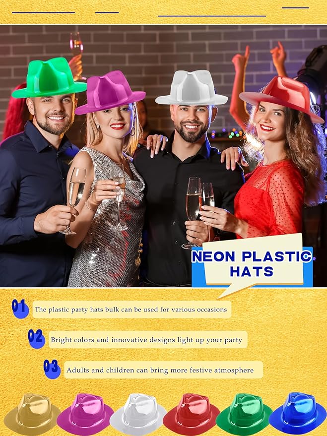54 Pack Neon Plastic Gangster Hat Bulk Colorful Fedora Hats Metallic Party Hat for Kids Adult Photo Booth Props Party Favors, 6 Colors