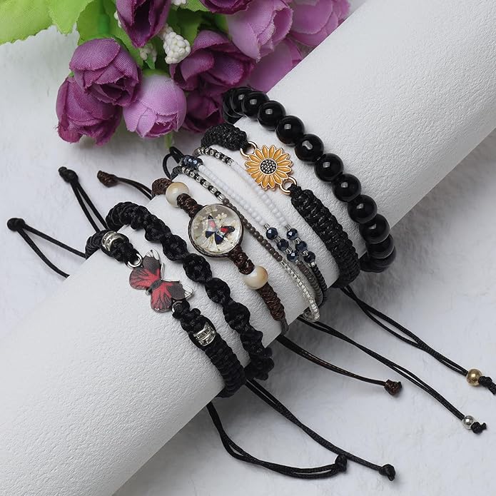 DS 6PCS String beads Charm Bracelets for Teen Girls Handmade Braided Rope Butterfly daisies Eternal flower Boho Surfer Bracelet for women Adjustable friendship Stretch birthday jewelry Gift Friends