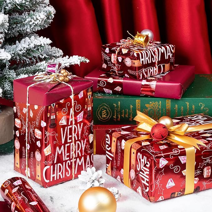 WRAPAHOLIC 30 Inch Jumbo Reversible Nutcracker Christmas Wrapping Paper - 30 Inch x 100 Feet Jumbo Roll Merry Christmas Nutcracker Wrapping Paper with Metallic Foil Shine for Xmas Holiday, Party