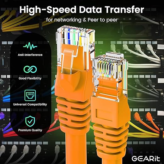GearIT Cat 6 Ethernet Cable (24-Pack 6 Feet) Cat6 Network Patch, 10Gbps, RJ45, Snagless Cord, Gold-Plated Connectors, Internet for PC, TV, Tablet, Router, Printer, Servers, IT Data Center - Orange