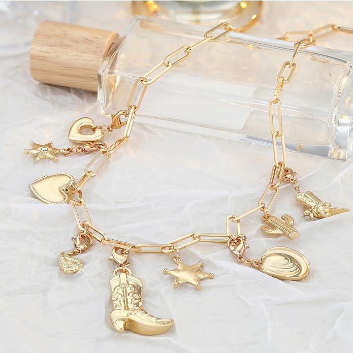 MISS RIGHT Dainty Gold Evil Eye Hamsa Hand Coin Lucky Charm Pendant Necklace for Women Trendy Vintage Paperclip Chain Sun Moon Clover Flower Chunky Charm Necklace Jewelry Gifts