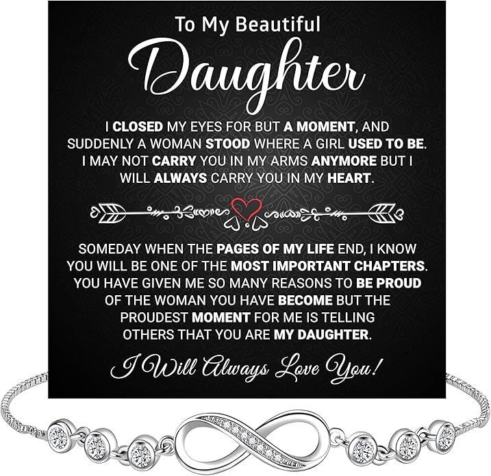 Daughter Infinity Heart Bracelet, Daughter Jewelry Gift From Mom or Dad with Message Card and Box Meaning