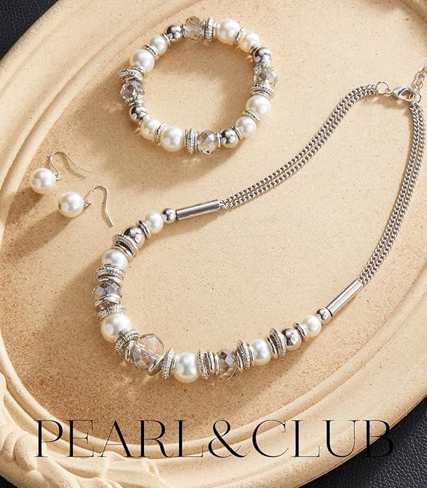 PEARL&CLUB Silver Beaded Statement Necklaces for Women Chunky Bead Necklace Bracelet and Earring Costume Jewelry Sets Gifts for Mom