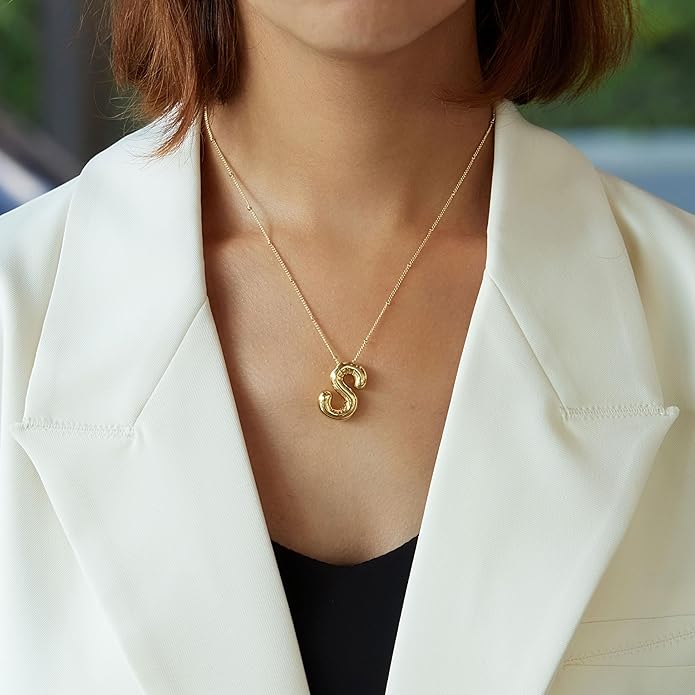 Inerney Valentines Day Gifts Gold Bubble Letter Necklace Initial Necklaces for Women, Chunky 14K Plated Balloon Initials, Trendy Charm Non Tarnish Custom Name Pendant Jewelry Gifts for Mom