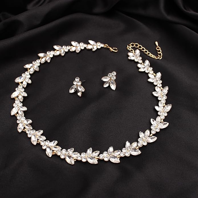 Bridal Wedding Crystal Leaf Choker Necklace Dangle Earring Bracelet Brides Bridesmaid Jewelry Set for Women