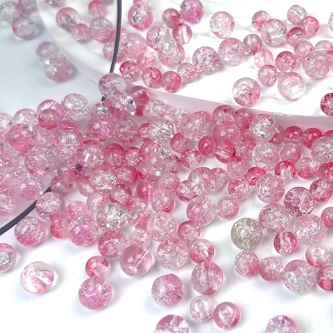 300pcs Crackle Glass Beads, 6mm and 8mm Pink Crystal Glass Beads Round Loose Spacer Bulk Beads for DIY Craft Earring Necklace Bracelet Jewelry