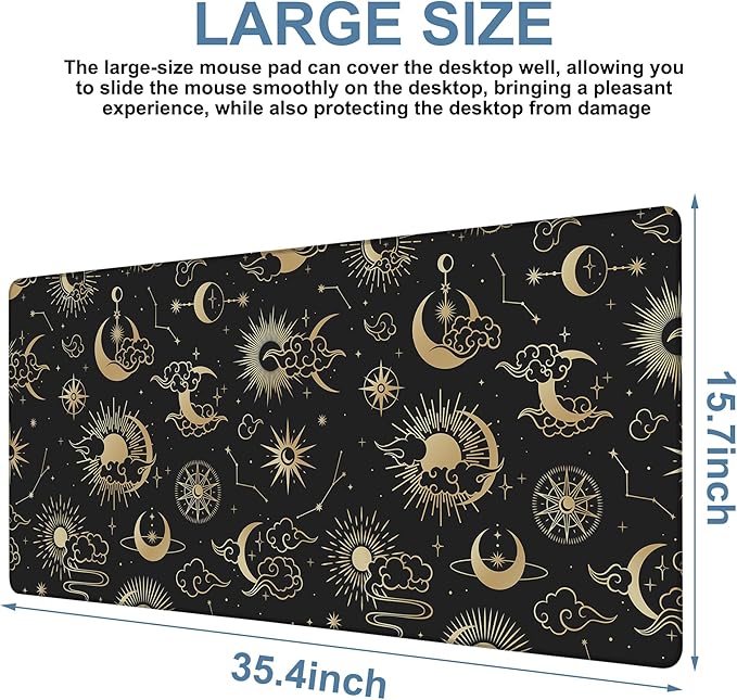 Gaming Desk Pad Large Extra Length Clouds, Moon and Sun Mouse Pad Keyboard Laptop Non-Slip Waterproof with Rubber Base Thick Stitched Edge Mouse Mat for Office Home 35.4 x 15.7 Inches
