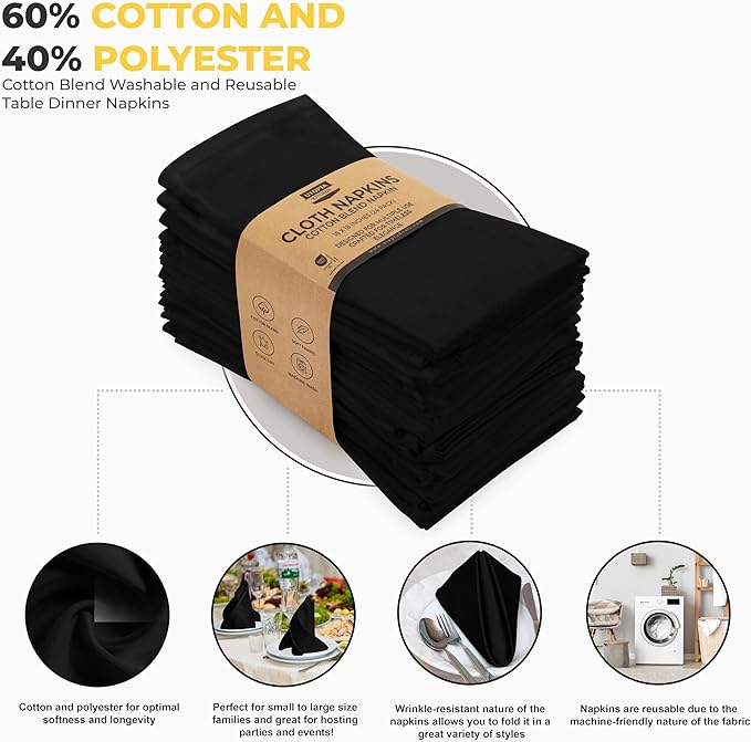 Utopia Kitchen Black Cloth Napkins [24 Pack, 18x18 Inch] Absorbent Cotton Blend Washable and Reusable for Dinner, Restaurant, Lunch, Wedding and Hotel