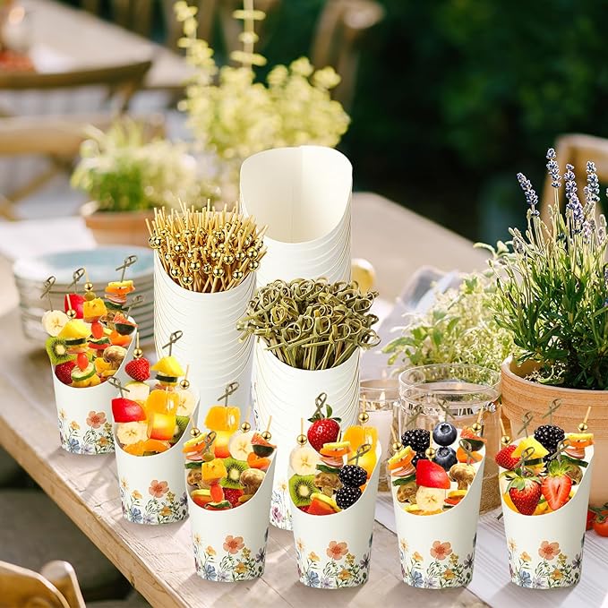Tioncy 250 Pcs Charcuterie Cups with Cocktail Picks Sets, Bridal Shower Decoration 50 Charcuterie Cups with 200 Sticks for Wedding Baby Shower Floral Boho Witch Party Decorations(Colorful,Wildflower)