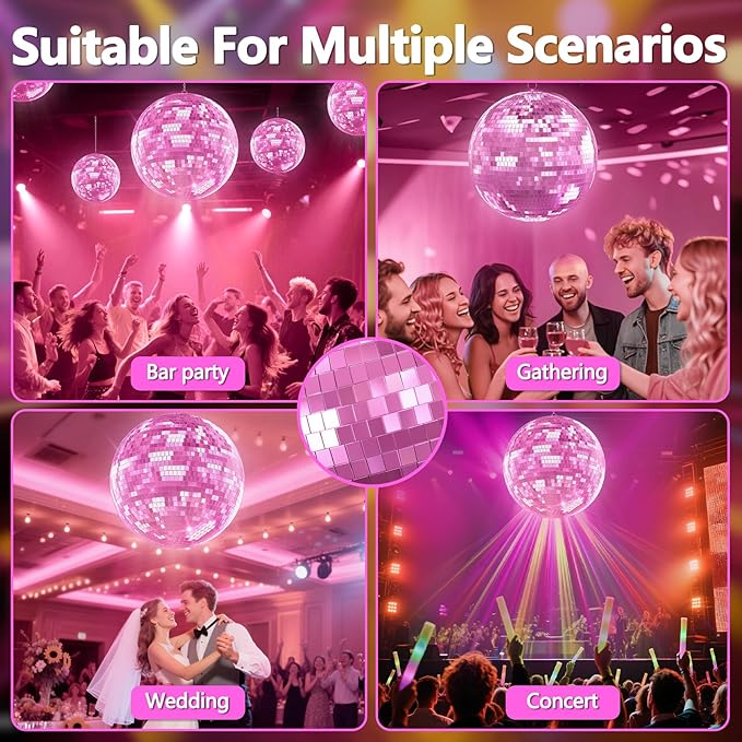 16 inch Pink Disco Ball, Hanging Mirror Ball, Wedding Decoration Disco Light Ball，Stage Lighting Effect ，12/16/20 inch Home、Stage and Bar Glittering Decoration (16inch-Pink)