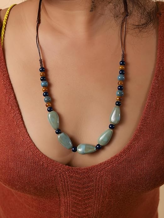 MINACHI Boho Hippie Round Ceramic Beads Strand Necklace, Vintage Bohemian Summer Beach Jewelry Gift for Women