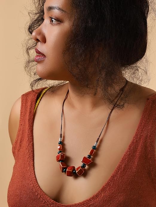 MINACHI Bohemian Hippie Colorful Ceramic Geometric Bead Strand Necklace, Vintage Boho Statement Jewelry Gift for Women