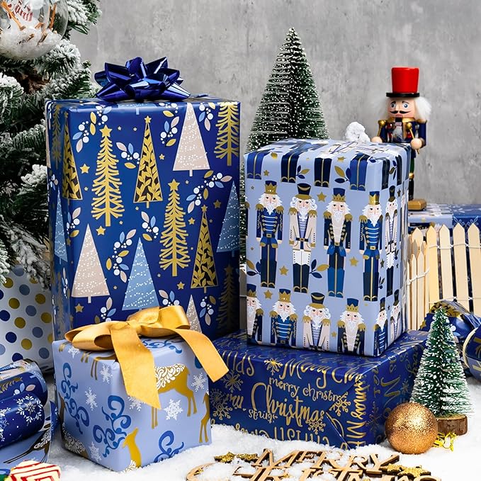 MAYPLUSS Nutcracker Christmas Gift Wrapping Paper - 17 In x 120 In Per Roll - Reversible Magic Navy Nutcracker, Midnight Snowflake, Tree Design Seasonal Gift Wrap Paper for Holiday, Christmas Ornament