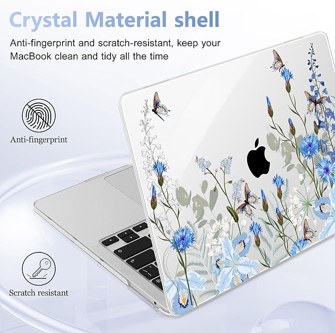 May Chen Compatible with MacBook Pro 13 inch Case with Touch Bar 2022 2021 2020 Release A2338 M1/M2 A2251 A2289, Plastic Hard Shell Case with Keyboard Cover + Dust Plug, Blue Flowers Leaves