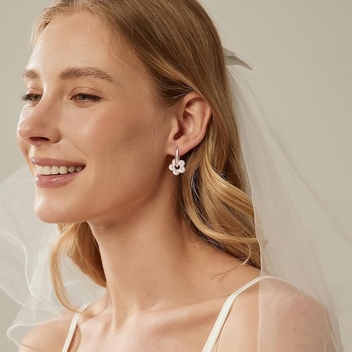 Gold Pearl Dangle Earrings for Women, 14K Gold Plated Small Pearl Drop Huggie Hoop Earrings, Hypoallergenic Dainty Gold Earrings Wedding Jewelry Gifts for Women Trendy