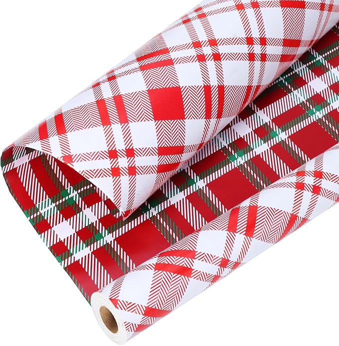 LaRibbons Reversible Christmas Wrapping Paper Roll, Classic Red & White Tartan Plaid Gift Wrap for Christmas, Holiday, Winter Party, 17 Inch x 33 Feet